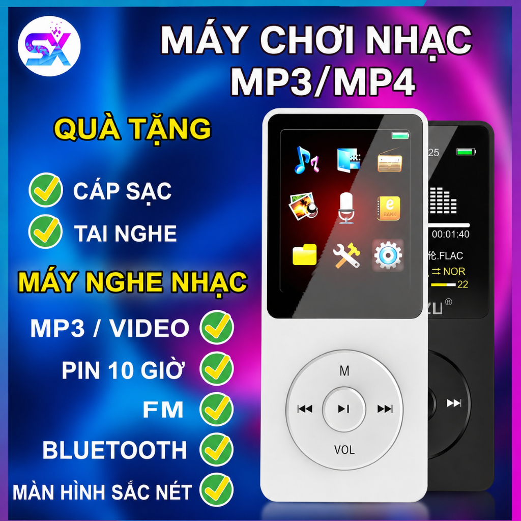 Máy nghe nhạc mini mp3 phát và chơi nhạc mp4 kết nối bluetooth có màn hình lcd loa ngoài kèm thẻ nhớ tai nghe dây sạc