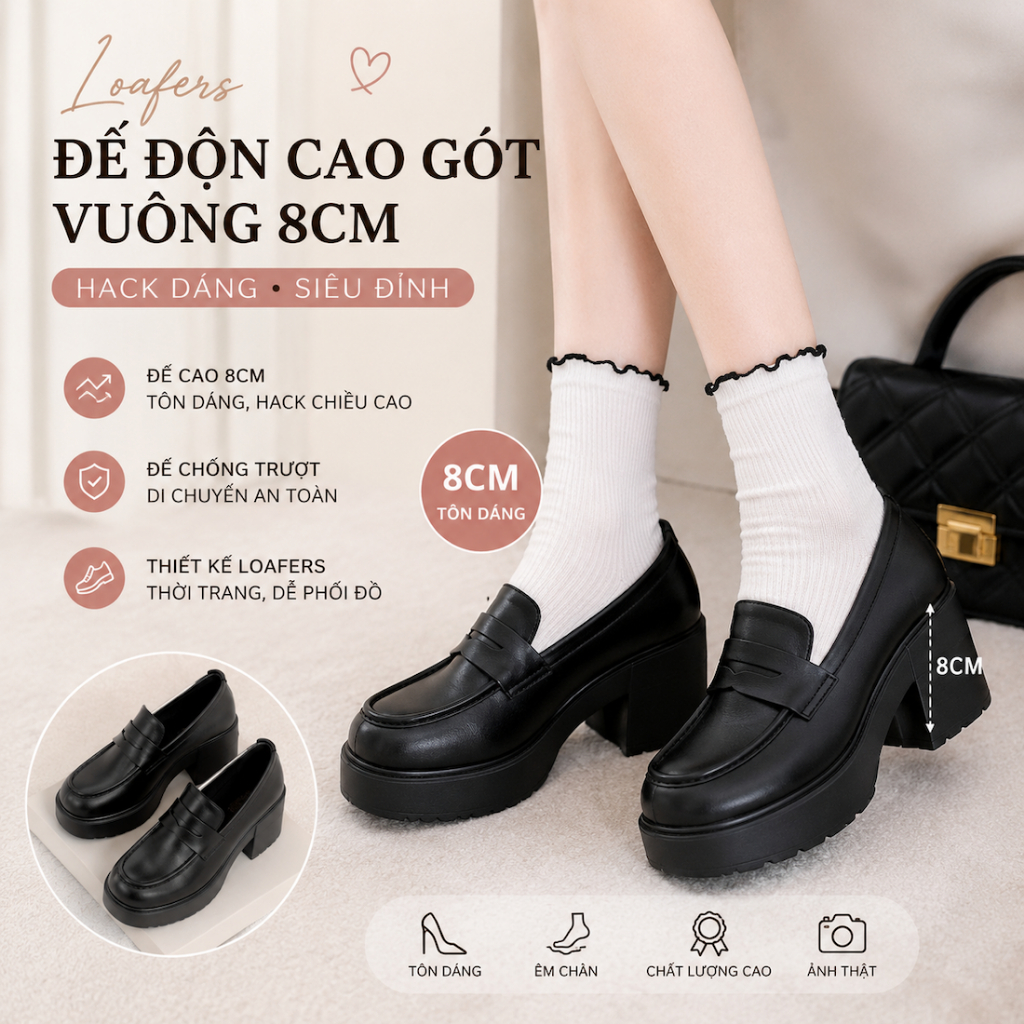 Giày Loafers Đế Độn Cao Gót Vuông 8cm – Hack Dáng Siêu Đỉnh