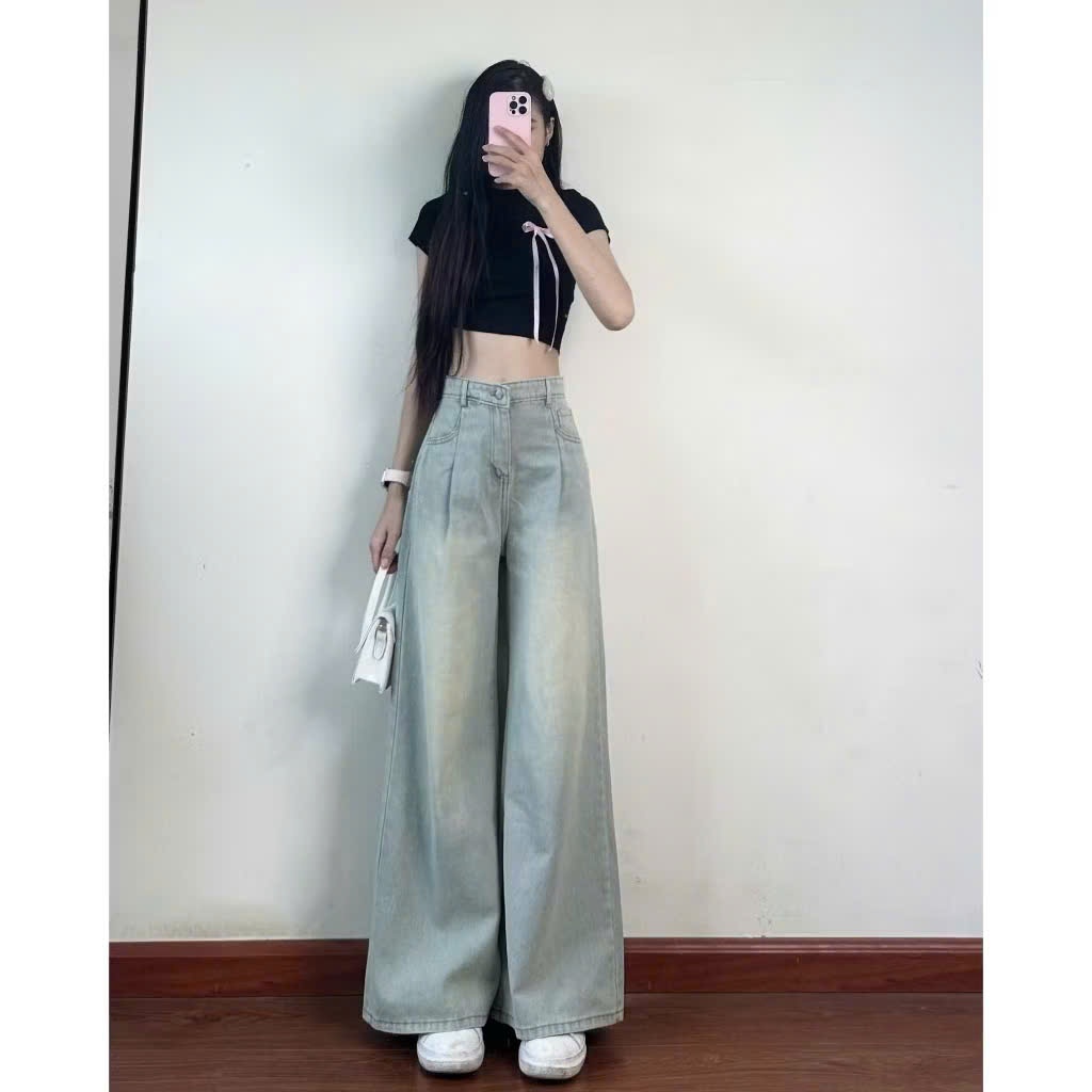 Quần jeans bò ống xuông rộng màu wash Joolate ống rộng chất jean mềm đẹp  lên dáng chuẩn dài 100cm