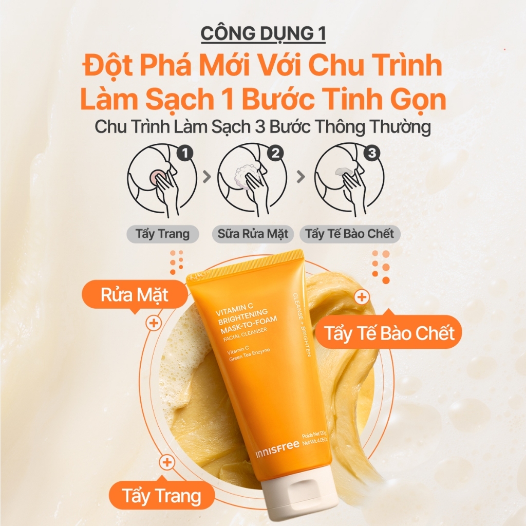 INNISFREE x Sữa rửa mặt kem dẻo sạch sâu sáng da dịu nhẹ INNISFREE Vitamin C Brightening Mask-To-Foam Facial Cleanser