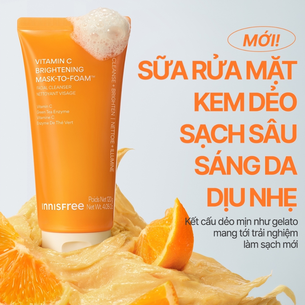 INNISFREE x Sữa rửa mặt kem dẻo sạch sâu sáng da dịu nhẹ INNISFREE Vitamin C Brightening Mask-To-Foam Facial Cleanser