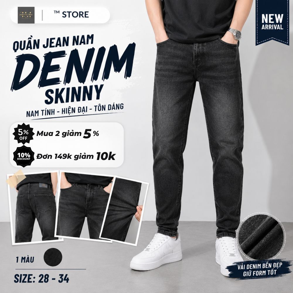 Quần jean nam đen Skinny trơn TM Store form Slim đẹp, Denim Cotton co giãn, Basic dễ phối đồ