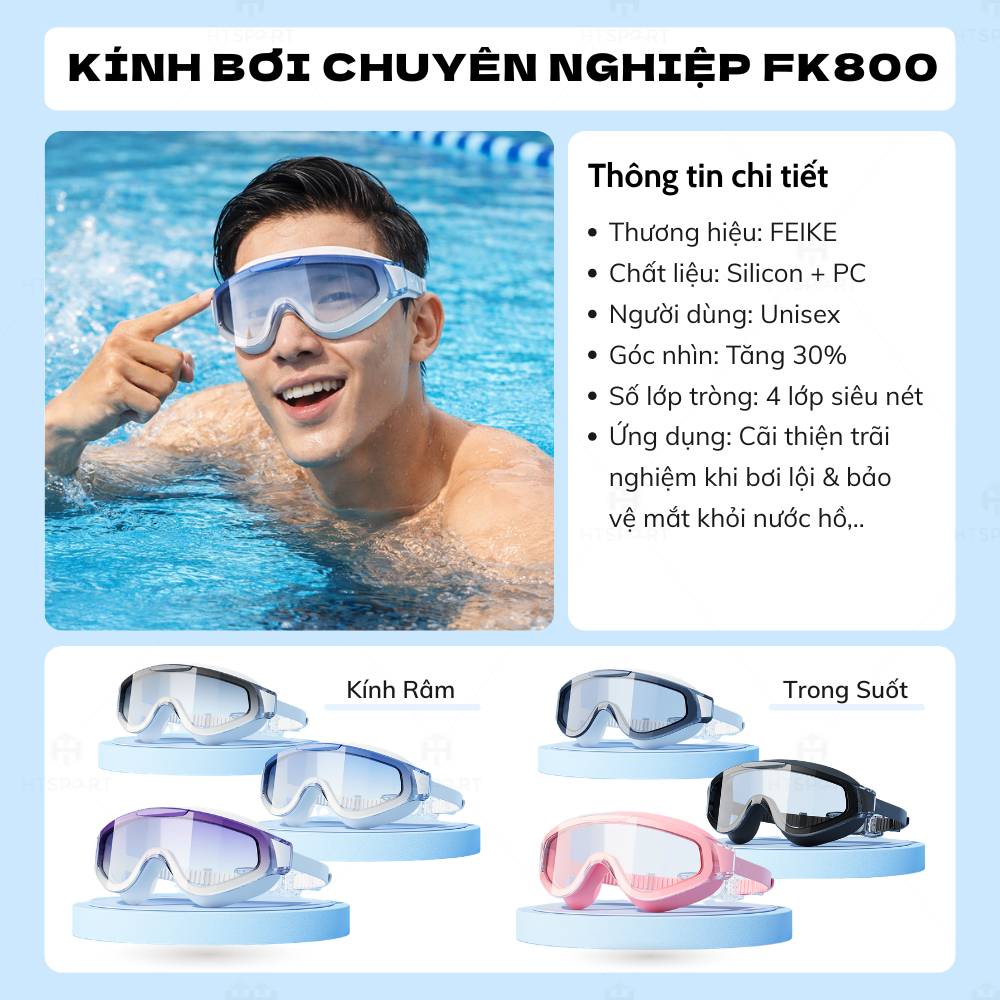 Kính Bơi 4K HD Chống Mờ Nam Nữ Cao Cấp – Kính Bơi Người Lớn Chuyên Nghiệp Chính Hãng HTSPORT FK800