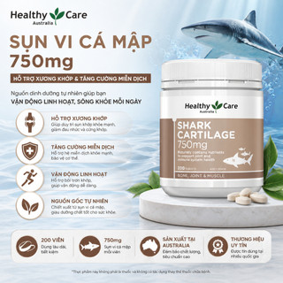 Sụn vi cá Healthy Care Shark Cartilage 750mg hỗ trợ xương khớp hộp 200 viên