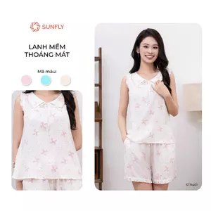 Đồ bộ mặc nhà nữ SUNFLY lanh họa tiết xinh xắn áo sát nách quần sooc ST9401