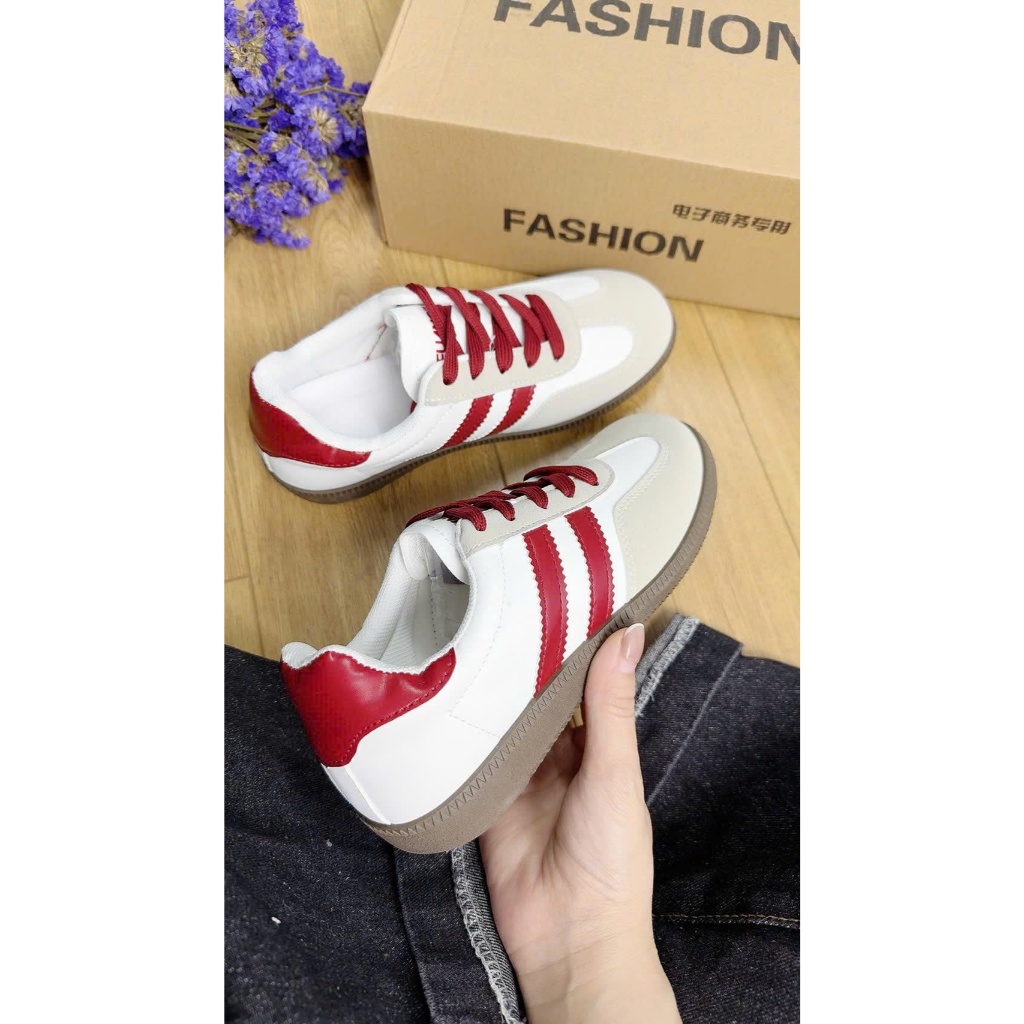 Giày Sneaker Nữ Phối Lưới Thoáng Khí Cổ Thấp - Giày Thể Thao Nữ 2 Sọc Màu Nhấn Gót Da Đế Cao Su Đi Học Đi Chơi