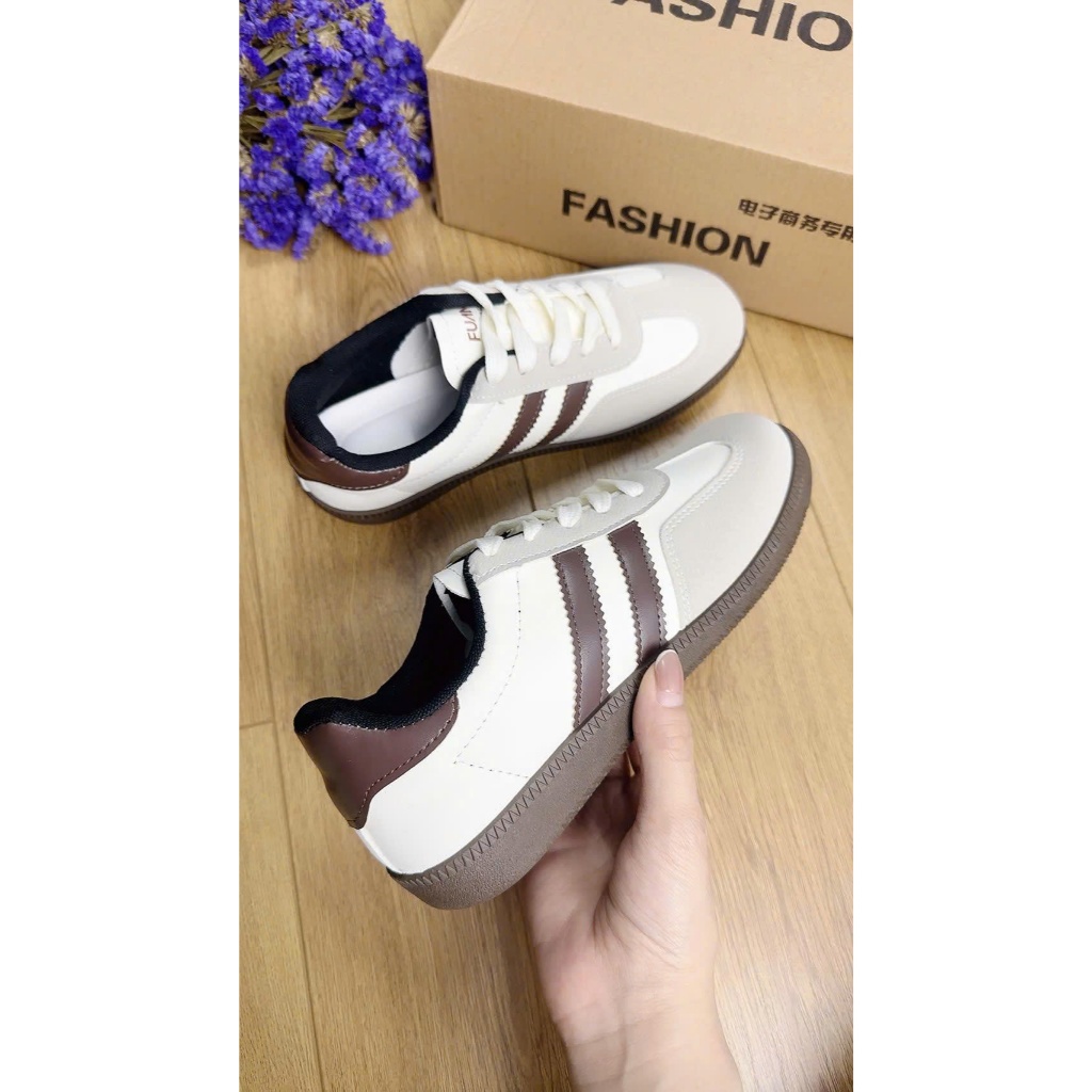 Giày Sneaker Nữ Phối Lưới Thoáng Khí Cổ Thấp - Giày Thể Thao Nữ 2 Sọc Màu Nhấn Gót Da Đế Cao Su Đi Học Đi Chơi