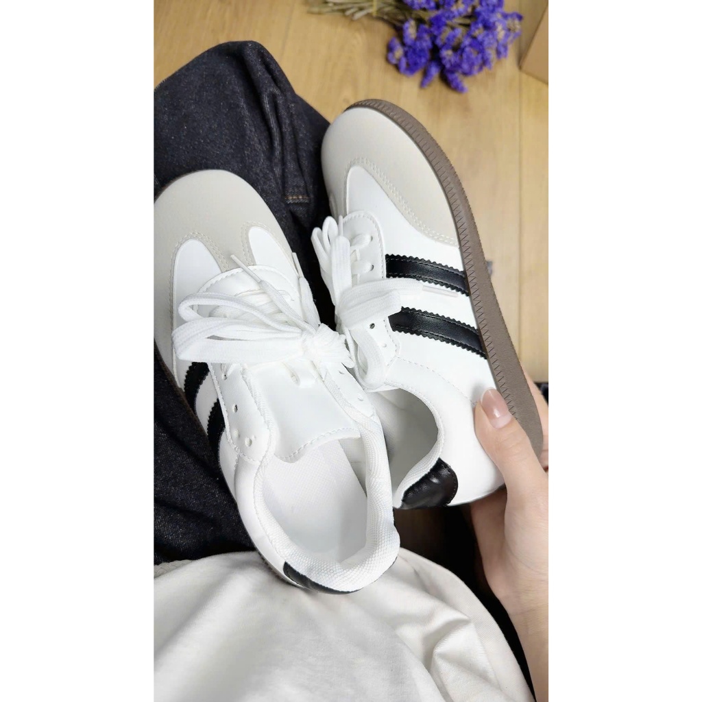 Giày Sneaker Nữ Phối Lưới Thoáng Khí Cổ Thấp - Giày Thể Thao Nữ 2 Sọc Màu Nhấn Gót Da Đế Cao Su Đi Học Đi Chơi