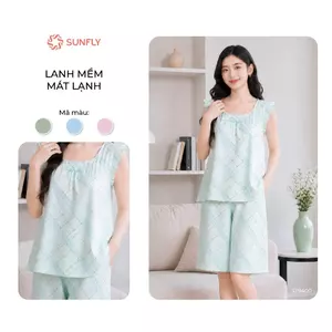Đồ bộ mặc nhà nữSUNFLY lanh  mềm mại áo sát nách quần ngố ST9400