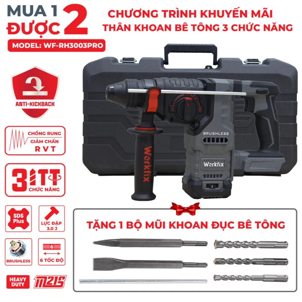 [TẶNG BỘ PHỤ KIỆN] Máy Khoan Bê Tông 3,0J Workfix WF-RH3003PRO Khoan -Búa-Đục, Chuyên Khoan Bê Tông