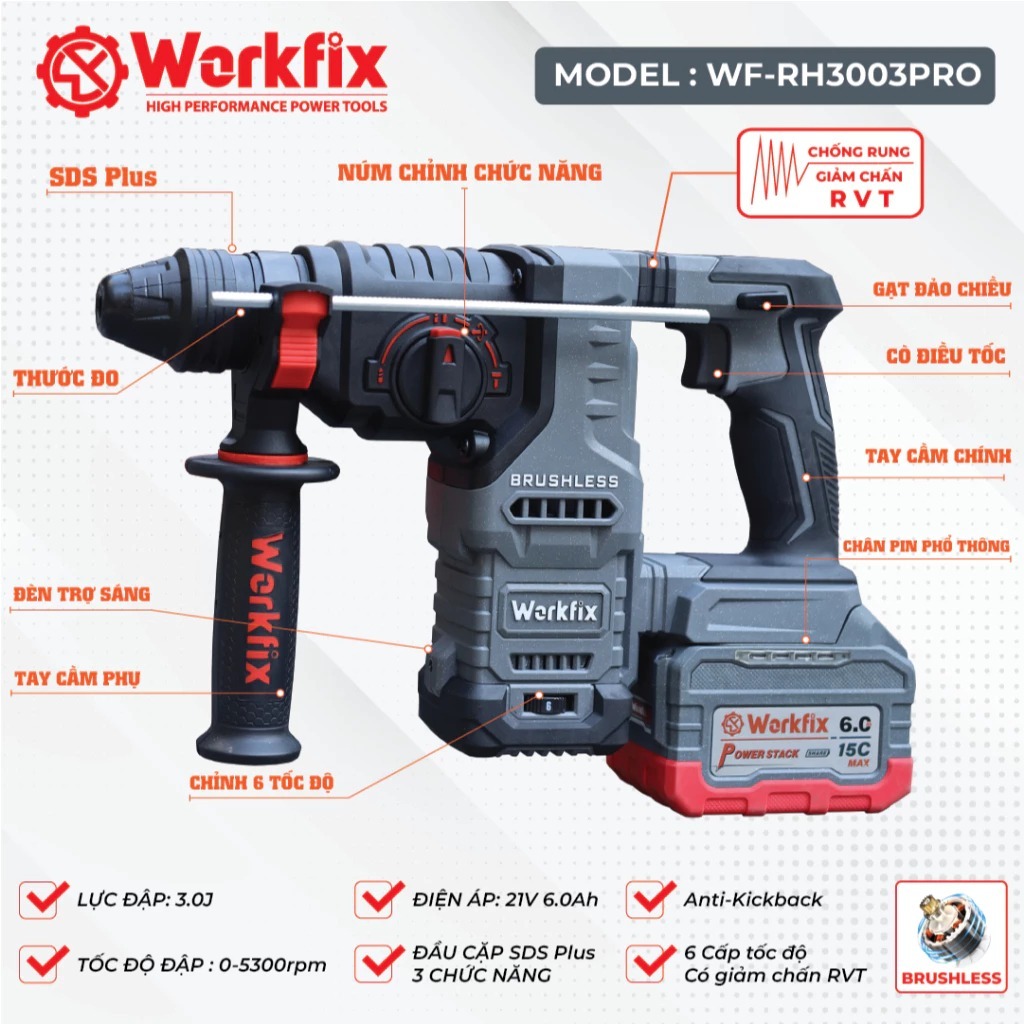 [TẶNG BỘ PHỤ KIỆN] Máy Khoan Bê Tông 3,0J Workfix WF-RH3003PRO Khoan -Búa-Đục, Chuyên Khoan Bê Tông