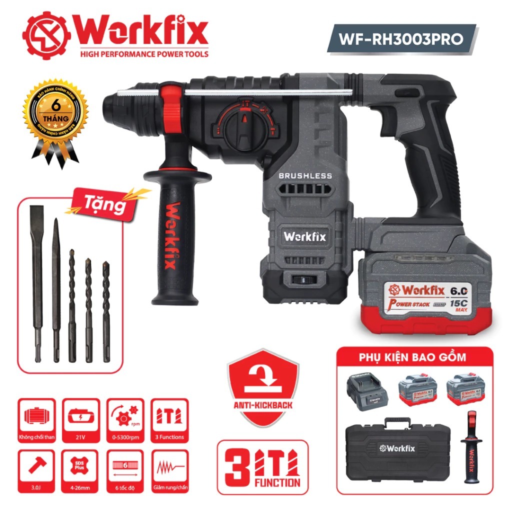 [TẶNG BỘ PHỤ KIỆN] Máy Khoan Bê Tông 3,0J Workfix WF-RH3003PRO Khoan -Búa-Đục, Chuyên Khoan Bê Tông
