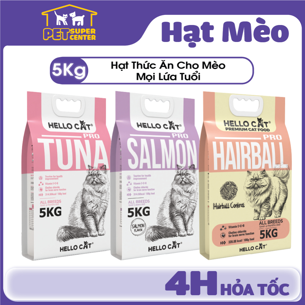 Hạt Mèo HELLO CAT 5KG  Thức Ăn Mèo Vị Cá Ngừ / Cá Hồi / Hairball Cho Mèo Mọi Lứa Tuổi