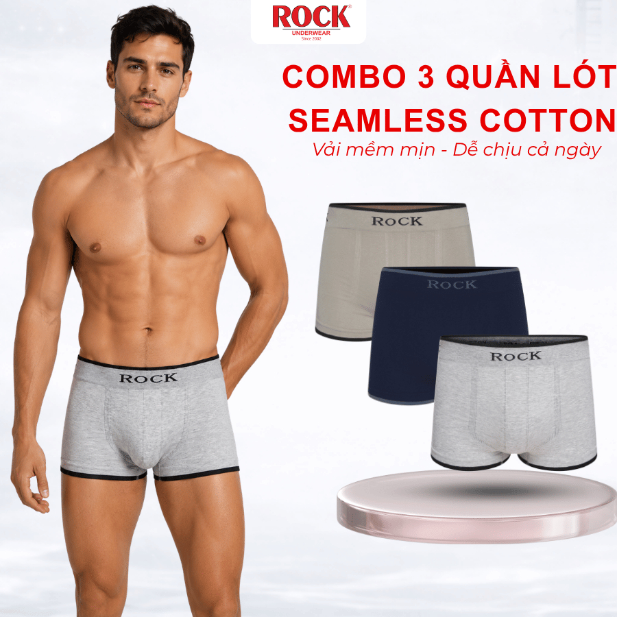 Combo 3 Quần Sịp Đùi Nam ROCK QA516 Seamless Không Đường May, Quần Xì Nam Boxer Thấm Hút Mồ Hôi Tốt