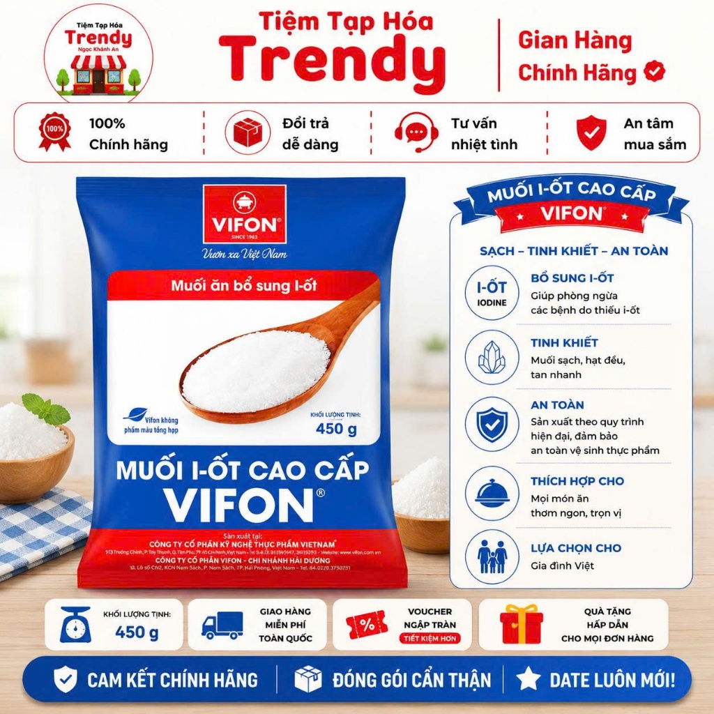 Muối I-Ốt Cao Cấp Vifon 450G - Tinh Khiết, Sạch An Toàn, Gia Vị Thiết Yếu Cho Mọi Gian Bếp