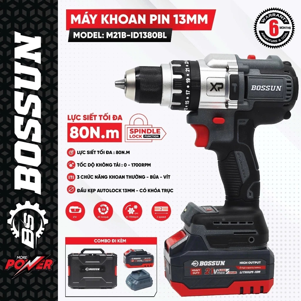 Máy khoan pin 3 chức năng BOSSUN M21B-ID1380BL Lực xoắn 80Nm, Đầu Autolock 13mm, Không chổi than