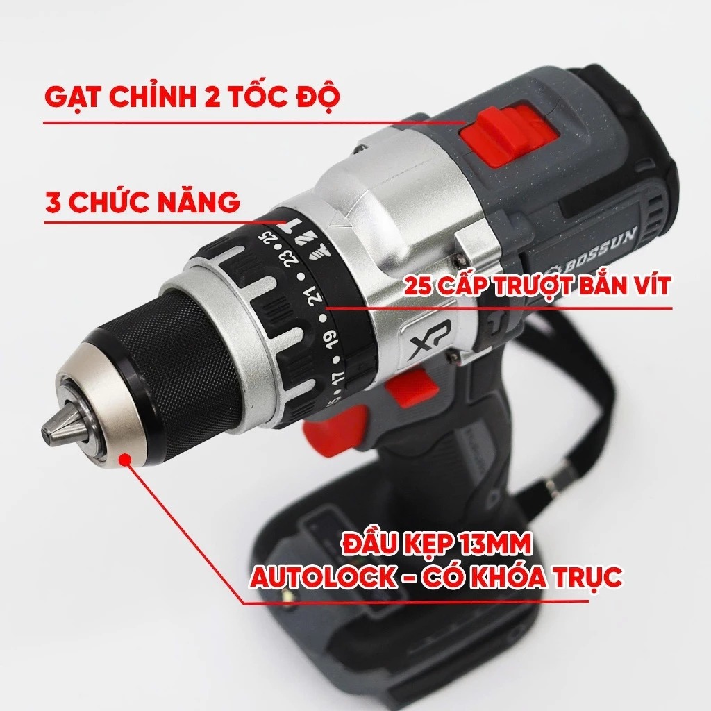 Máy khoan pin 3 chức năng BOSSUN M21B-ID1380BL Lực xoắn 80Nm, Đầu Autolock 13mm, Không chổi than