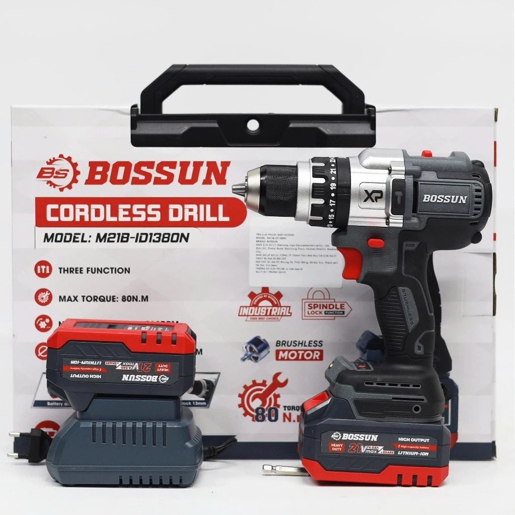 Máy khoan pin 3 chức năng BOSSUN M21B-ID1380BL Lực xoắn 80Nm, Đầu Autolock 13mm, Không chổi than