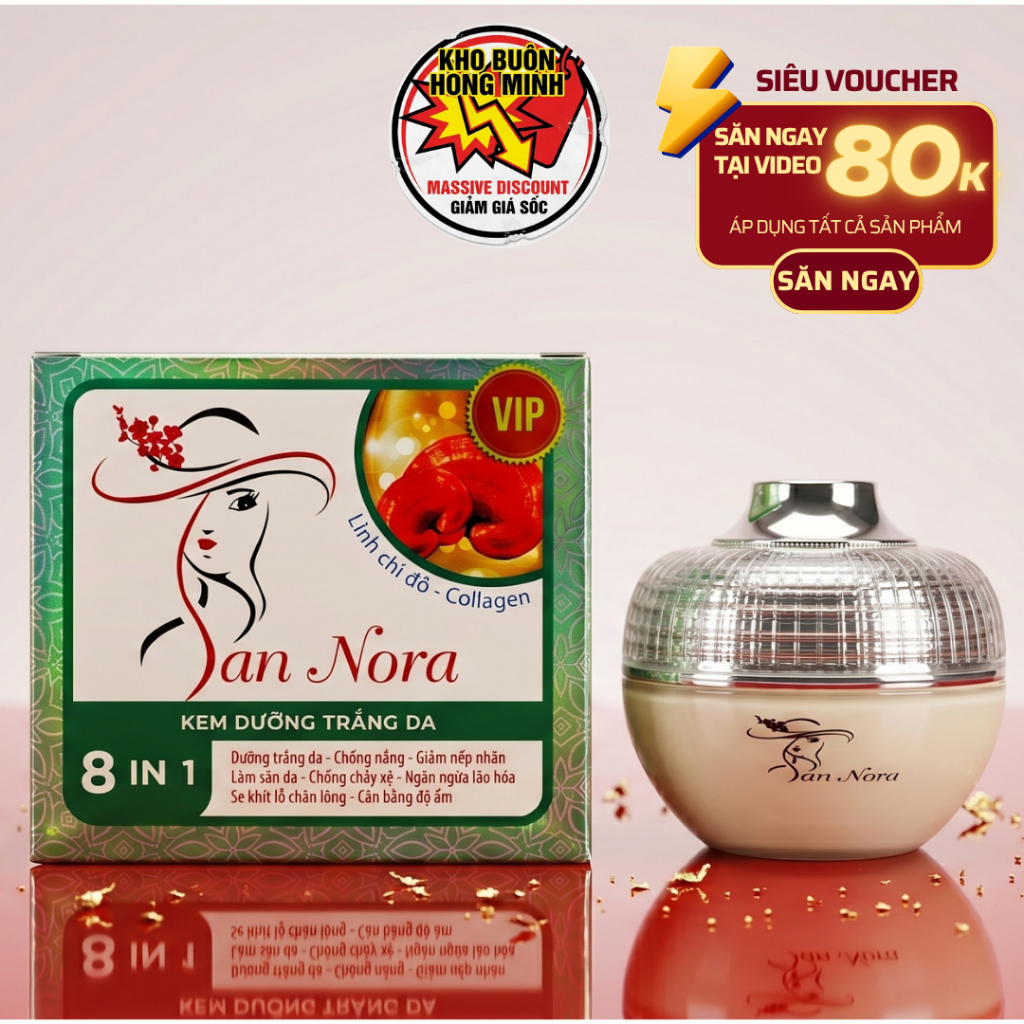 Kem Trắng Da Mặt Linh Chi Đỏ Collagen San Nora 8in1 Chống Lão Hóa Săn Chắc Da 30g