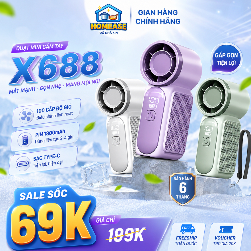 [BẢN MỚI 2026] Quạt Mini Cầm Tay X688, 100 Cấp Độ Gió, Gập Gọn Chữ L, Sạc Type-C, Màn Hình LED – HomeEase – Đồ Nhà Xịn