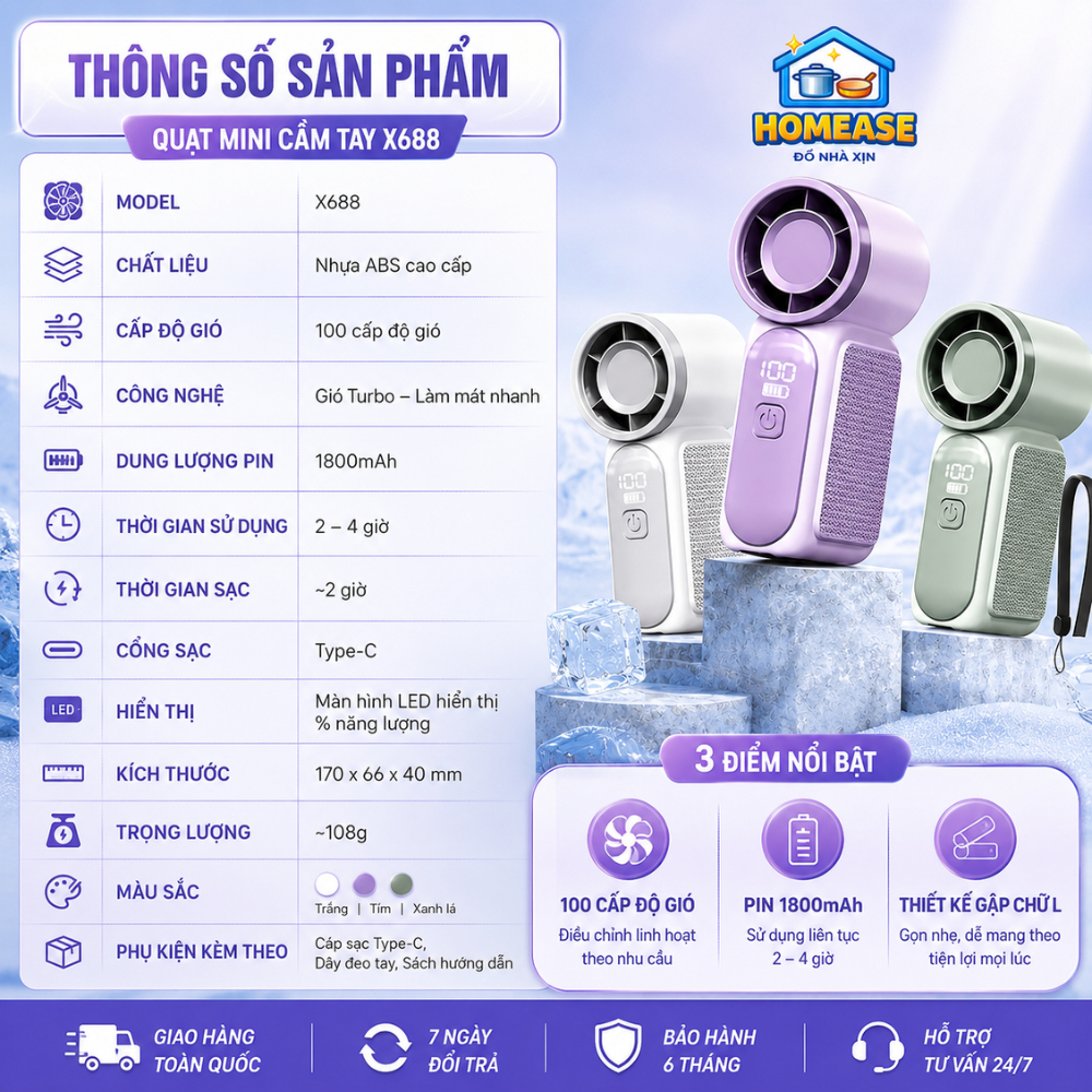 [BẢN MỚI 2026] Quạt Mini Cầm Tay X688, 100 Cấp Độ Gió, Gập Gọn Chữ L, Sạc Type-C, Màn Hình LED – HomeEase – Đồ Nhà Xịn