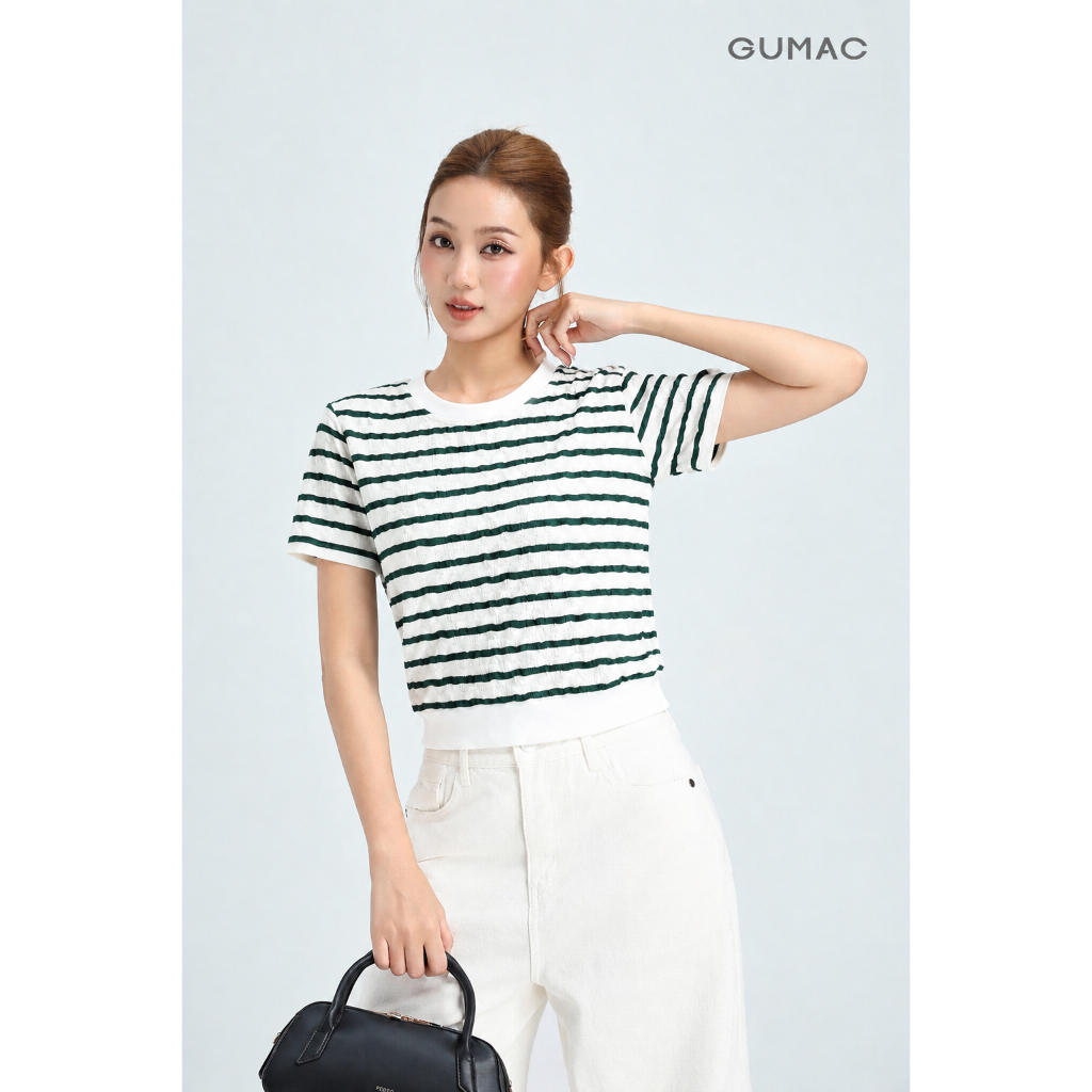 Áo Thun Nữ Tay Ngắn GUMAC Form Slim Phối Sọc Chất Cotton Dệt Mềm Mát Co Giãn Dễ Phối LATF0514