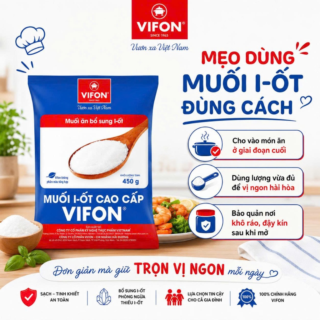 Muối I-Ốt Cao Cấp Vifon 450G - Tinh Khiết, Sạch An Toàn, Gia Vị Thiết Yếu Cho Mọi Gian Bếp