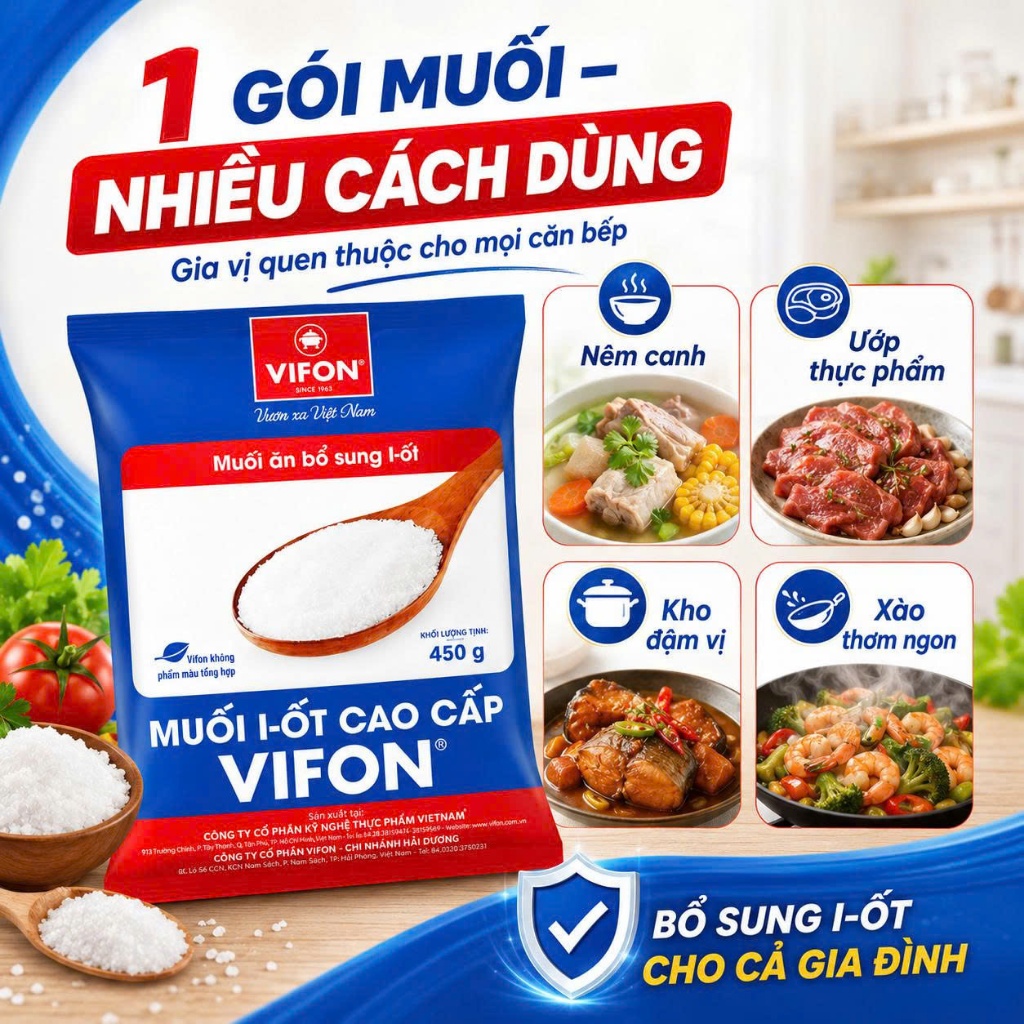 Muối I-Ốt Cao Cấp Vifon 450G - Tinh Khiết, Sạch An Toàn, Gia Vị Thiết Yếu Cho Mọi Gian Bếp