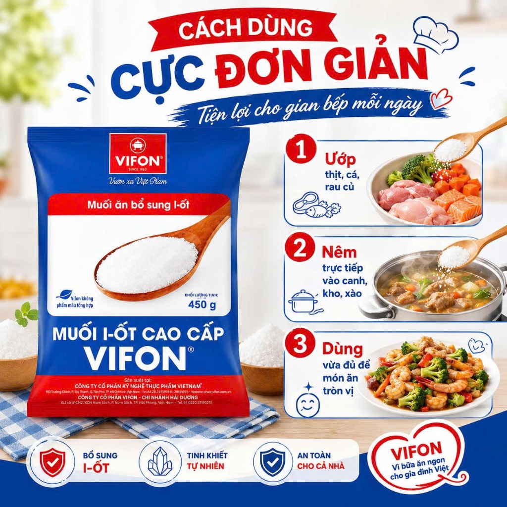Muối I-Ốt Cao Cấp Vifon 450G - Tinh Khiết, Sạch An Toàn, Gia Vị Thiết Yếu Cho Mọi Gian Bếp