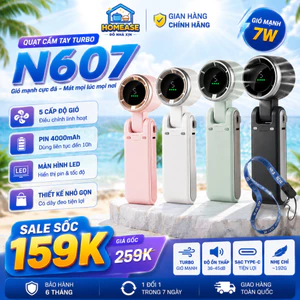 Quạt Cầm Tay Turbo N607, 5 Cấp Gió, Pin 4000mAh, Màn Hình LED, Gió Mạnh 7W, Kèm Dây Đeo–HomeEase – Đồ Nhà Xịn