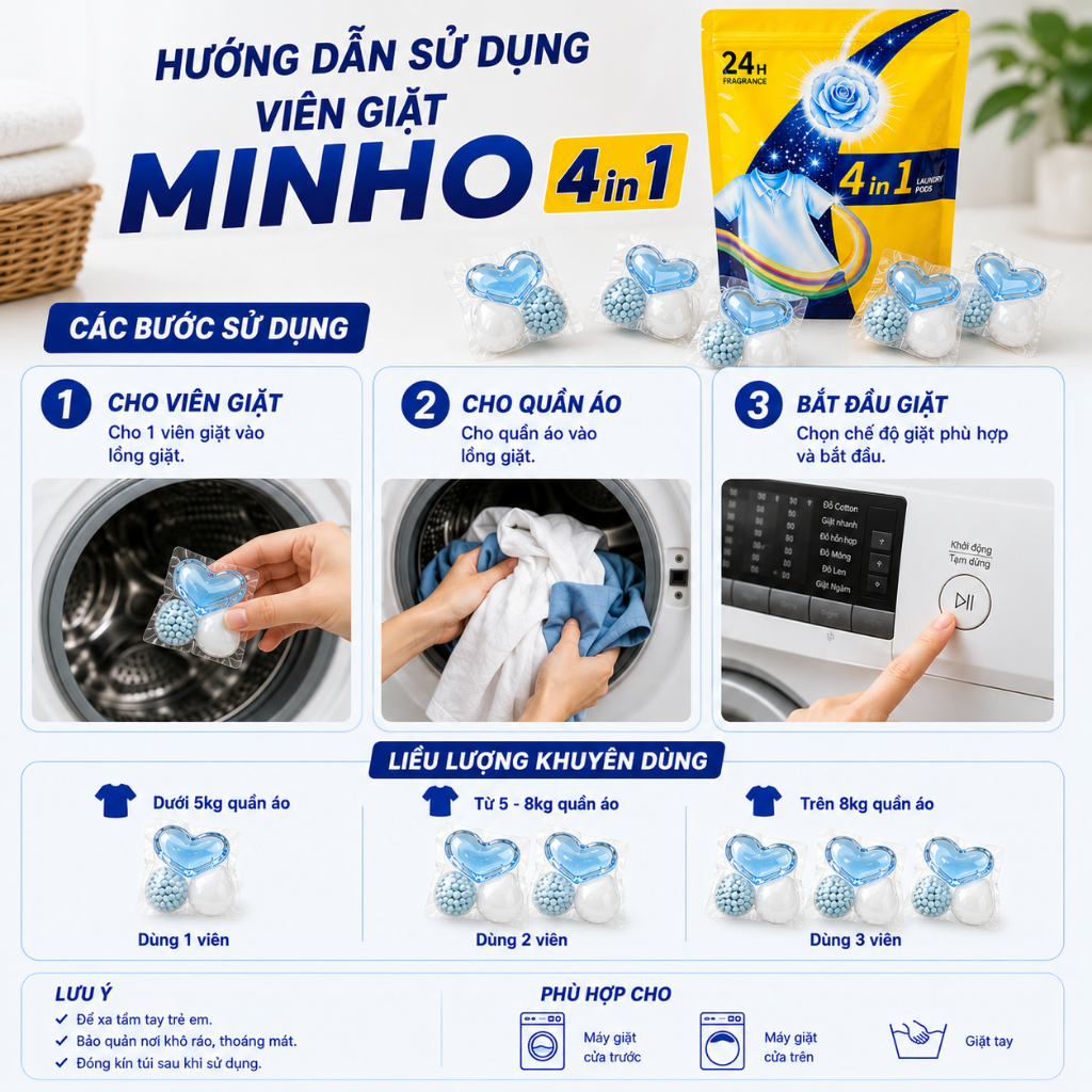 Combo 02 Túi Viên giặt quần áo hương hoa hồng thơm lâu 24h, viên giặt đậm đặc làm sạch sâu 4 in 1