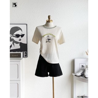 Áo Thun Nữ Twentyfive Cổ Tròn, Họa Tiết Kẻ Ngang, Viền Màu In Hình Dễ Thương Form Basic Trẻ Trung Năng Động 7241