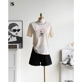 Áo Thun Nữ Twentyfive Cổ Tròn, Họa Tiết Kẻ Ngang, Viền Màu In Hình Dễ Thương Form Basic Trẻ Trung Năng Động 7241