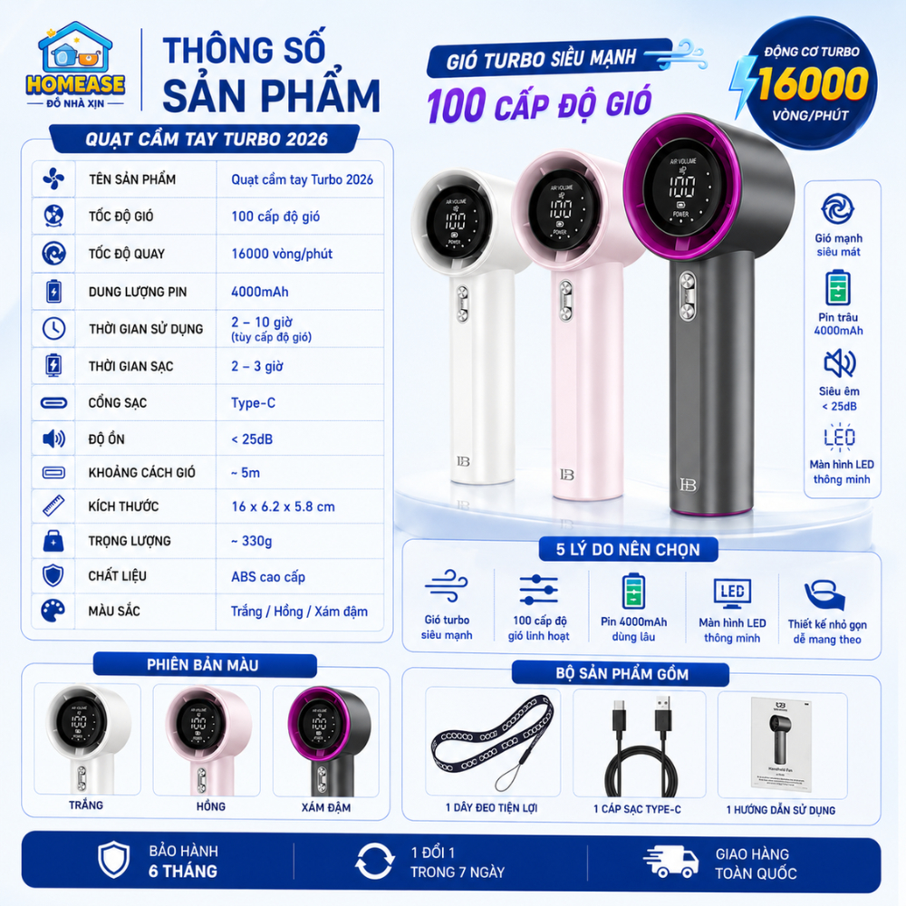 QUẠT CẦM TAY TURBO 2026 – 100 CẤP ĐỘ GIÓ, PIN 4000mAh, MÀN HÌNH LED, GÓI GỌN MẠNH MẼ – HomeEase – Đồ Nhà Xịn
