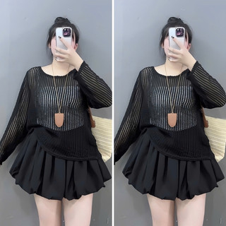 Set 3 Món Bigsize Nữ Cá Tính Áo Thun Lưới Tay Dài Mix Áo Hai Dây Và Chân Váy Bí Ngắn A317+G118+CV413