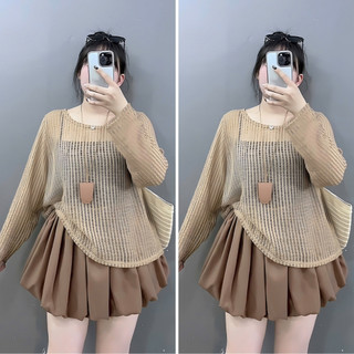 Set 3 Món Bigsize Nữ Cá Tính Áo Thun Lưới Tay Dài Mix Áo Hai Dây Và Chân Váy Bí Ngắn A317+G118+CV413