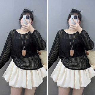 Set 3 Món Bigsize Nữ Cá Tính Áo Thun Lưới Tay Dài Mix Áo Hai Dây Và Chân Váy Bí Ngắn A317+G118+CV413