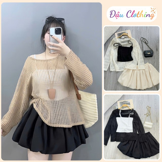 Set 3 Món Bigsize Nữ Cá Tính Áo Thun Lưới Tay Dài Mix Áo Hai Dây Và Chân Váy Bí Ngắn A317+G118+CV413