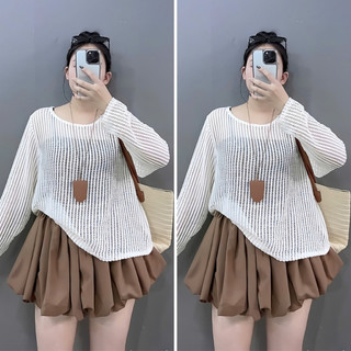 Set 3 Món Bigsize Nữ Cá Tính Áo Thun Lưới Tay Dài Mix Áo Hai Dây Và Chân Váy Bí Ngắn A317+G118+CV413