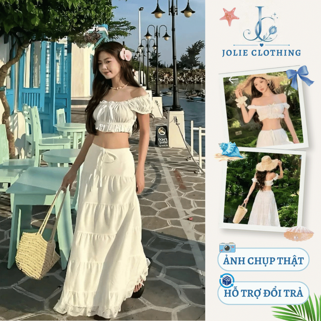 [CÓ MÚT/SẴN] Set Váy Maxi Trễ Vai Trắng – Thiết Kế Hai Mảnh Nữ Tính, Chuẩn Style Biển Hè, Du Lịch