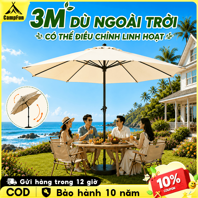 Dù Sân Vườn 3M Chống Nắng Chống UV Ô Dù Tròn Chính Tâm Có Thể Nghiêng 45° Dùng Cho Cafe Hồ Bơi Ban Công Ngoài Trời