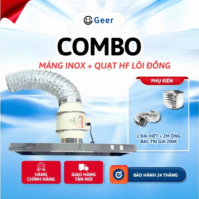 Bộ hút khói bếp GEER máng vuông inox 201 chính hãng – Máng hút khói và quạt hút mùi thông gió công suất lớn