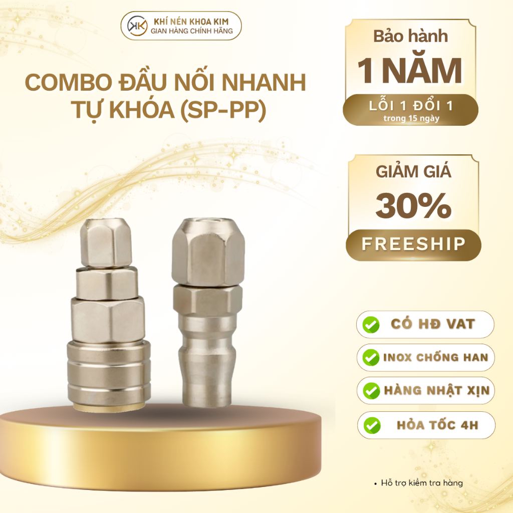 Combo Đầu Nối Nhanh Tự Khóa (SP-PP) Khớp Nối Hơi Khí Nén Đực Cái Inox Khớp Nối Nhật Tự Khóa Khoa Kim