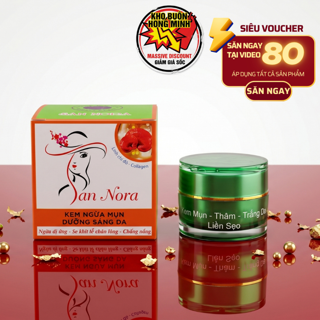 Kem San Nora (Xanh Lá-Cam) Linh Chi Đỏ Collagen Tái Tạo Da, Giảm Mụn, Mờ Thâm, Liền Sẹo