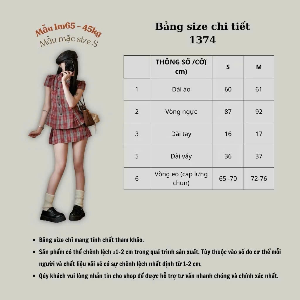 Set Bộ Nữ Kẻ Caro Gồm Áo Sơ Mi Nữ Tay Phồng Cài Cúc Chéo Kèm Chân Váy Xinh Xắn Hàn Quốc Đi Chơi Joolate 1374