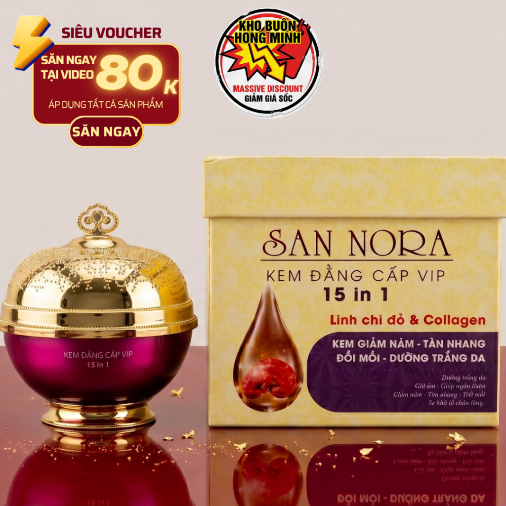 Kem San Nora 15in1 Linh Chi Đỏ Collagen - Dưỡng Ẩm, Làm Sáng Da, Giúp Da Săn Chắc 35g (Vàng)
