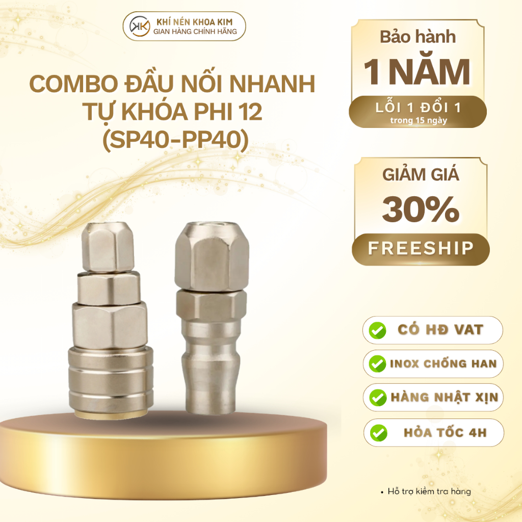 Combo Đầu Nối Nhanh Tự Khóa Phi 12 (SP40-PP40) Khớp Nối Hơi Khí Nén Đực Cái Inox Chống Xì Khoa Kim