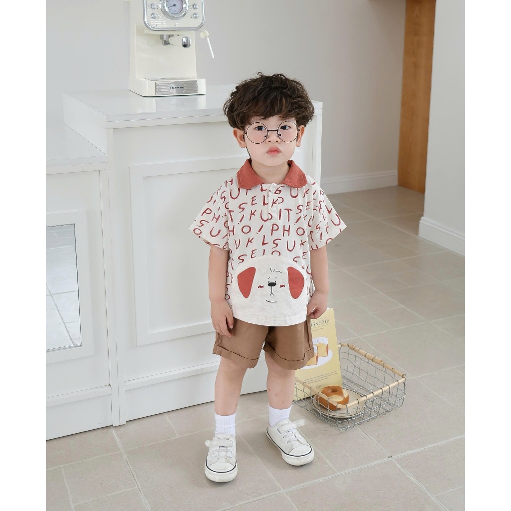 Set bộ polo cộc tay bé trai Miniumbaby mix tai cún may liền xinh xắn, chất vải cotton mềm mại SB2670