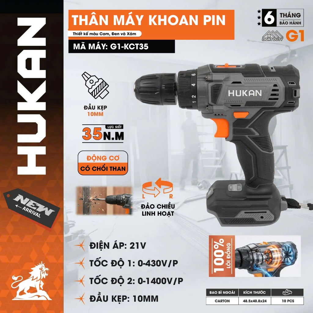 Máy Khoan Pin 10mm HUKAN G1-KCT35| Lực Siết 35N.m| 21V| Động Cơ Có Chổi Than | Khoan Vít 2 Tốc Độ Cầm Tay Gia Đình