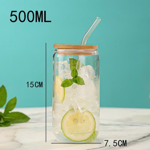 Ly Thủy Tinh Borosilicate Chịu Nhiệt Cao Cấp 500ml Có Nắp Tre, Ly Uống Nước Có Ống Hút